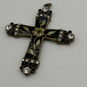 Vintage Gothic Style Black Enamel Rhinestone Large Cross Pendant Antiqued Gold T